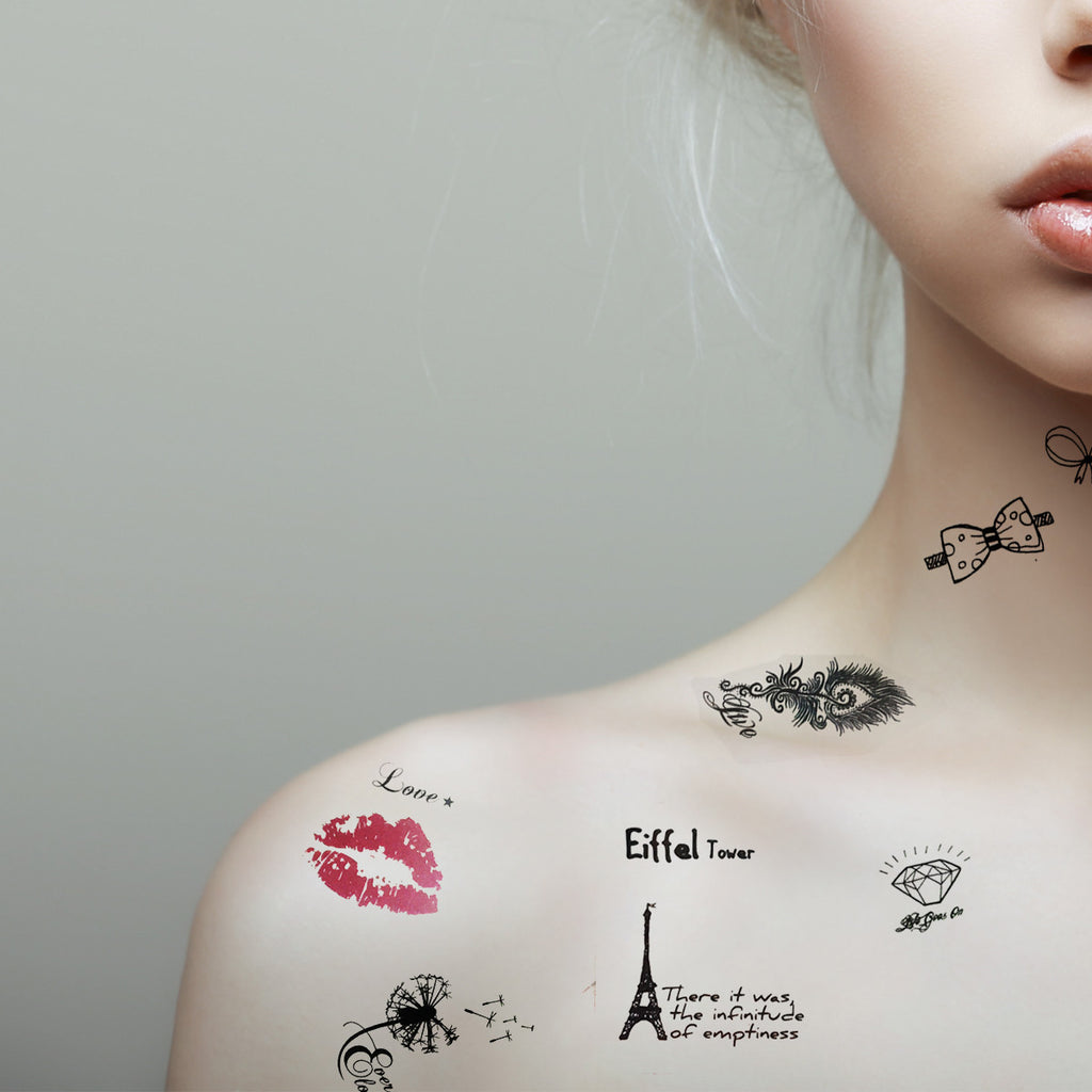 8-Sheets Romantic Assortment Temporary Tattoos Stickers - Lip prints, Eiffel Tower, Bows, Feathers, Dandelions Tattoos
