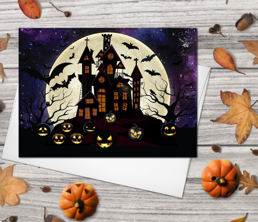 Happy Halloween Greeting Card Set of 4 - Starry Night Sky Spooky Castle Scary Pumpkins Bats Full Moon Cards Halloween card Halloween Gifts