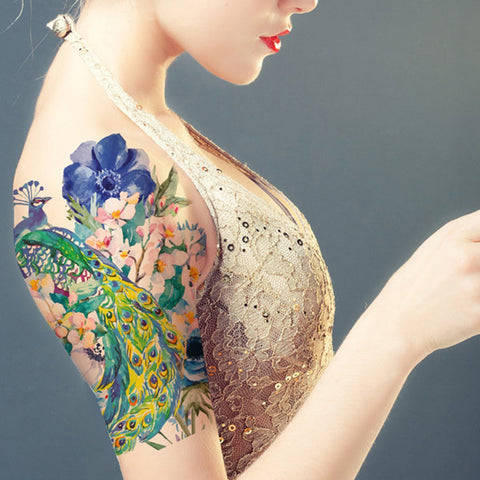 Supperb Large Temporary Tattoos - Watercolor Dream of peacock & Blue Flowers