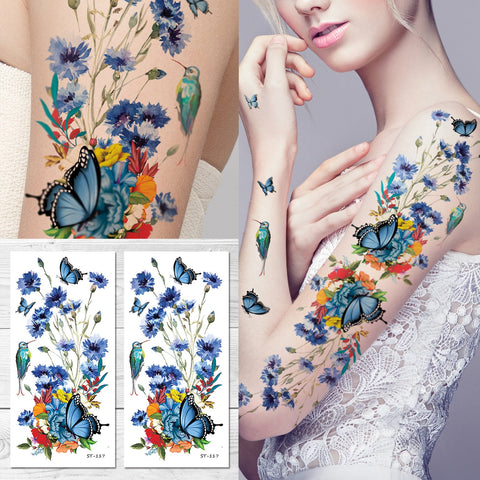 Supperb Temporary Tattoos - Watercolor Painting Bouquet of Summer Flowers, Blue Daisy Butterflies Hummingbird Full Arm Tattoo (Set of 2)