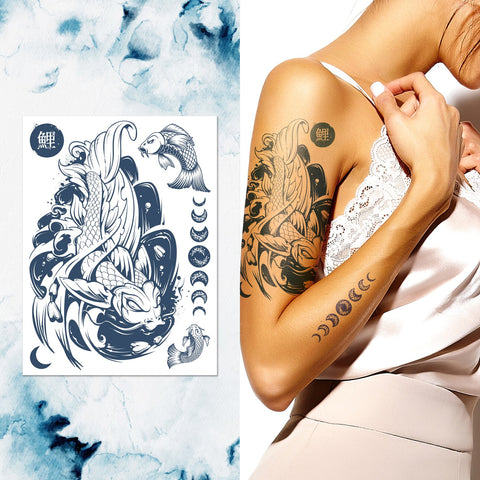 Supperb Semi-Permanent Tattoo - Koi Fish, Moon Phase Temporary Tattoos, Lasts 1-2 Weeks