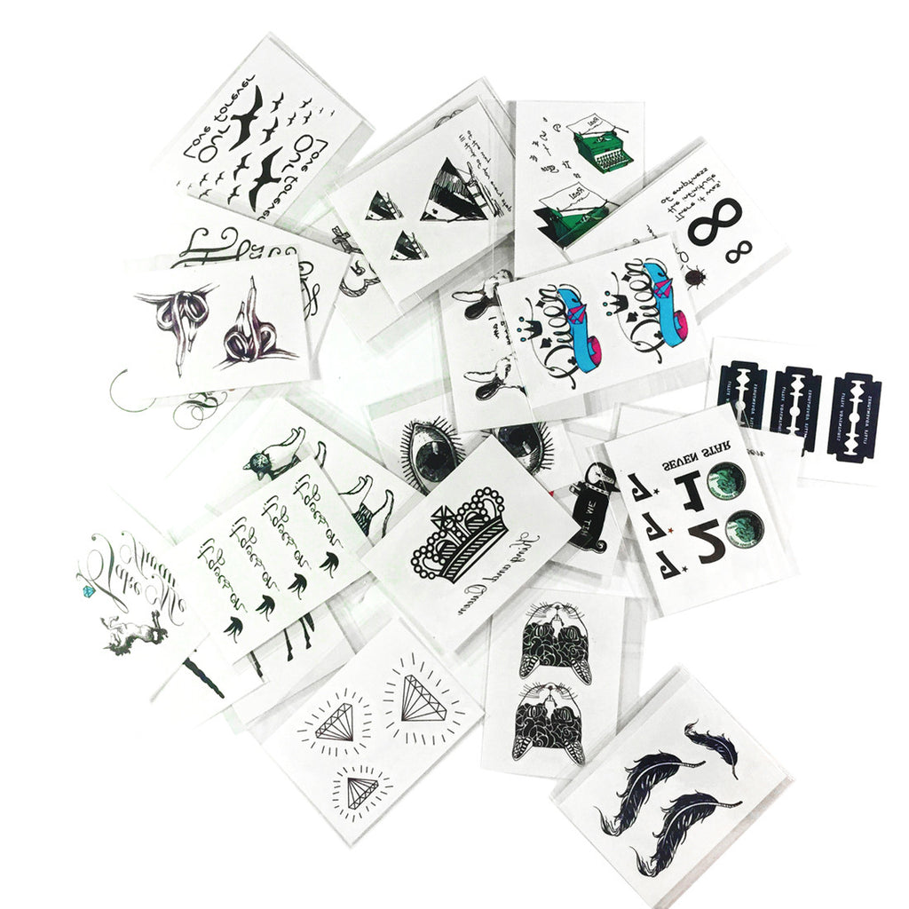 24-Sheets Assortment Temporary Tattoos Sticker - Crown Dandelion Cats Blades Eyes Typewriters Feathers Hearts Rabbits Unicorns Diamonds Horses Sailboats Tattoos