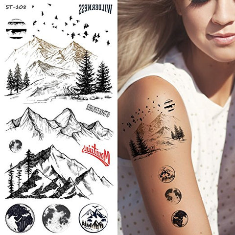 Supperb Temporary Tattoos - Mountain Outline Moon Tree Birds Wildness Adventure Bohemian Temporary Tattoos