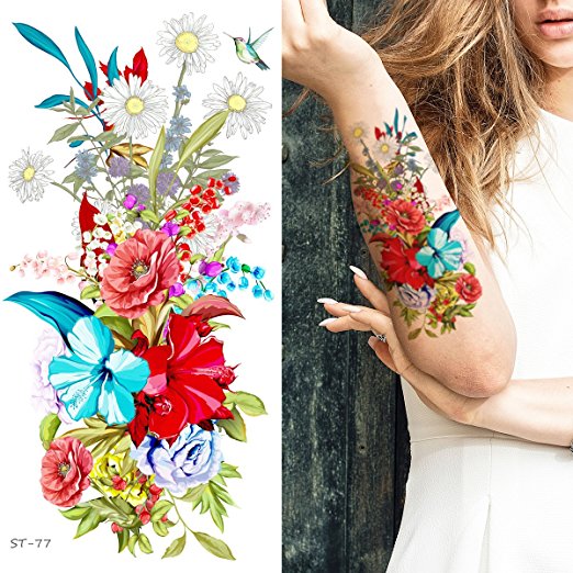 Supperb Temporary Tattoos - Hand drawn Colorful Summer Flower Bouquet II (Set of 2)