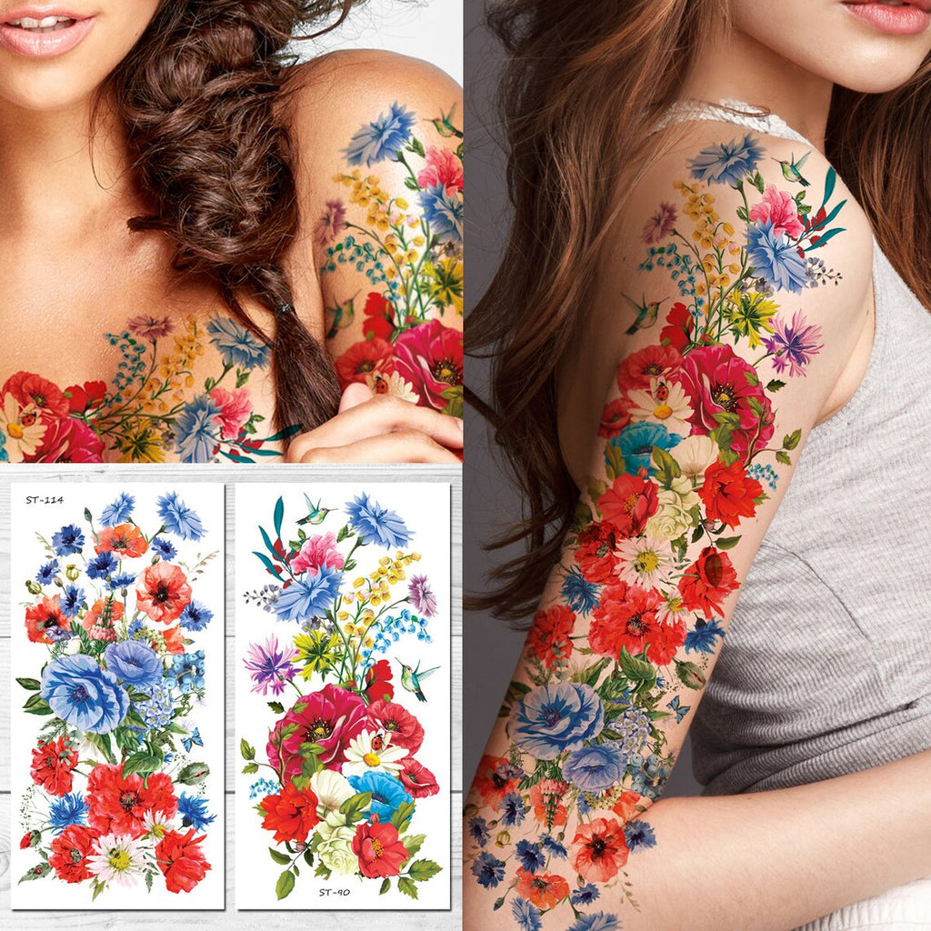 Supperb Temporary Tattoos - Hand drawn Full Arm Colorful Summer Flower Bouquet II (Set of 2)