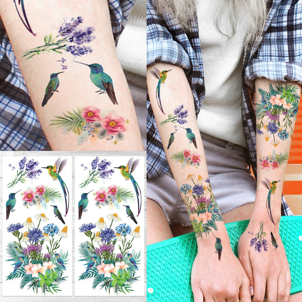 Supperb Temporary Tattoos - Colorful Summer Tropical Plants Flower Bouquet Birds hummingbird (Set of 2)