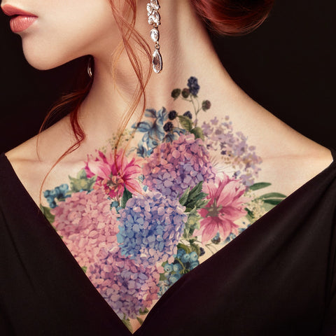 Supperb Large Temporary Tattoos - Watercolor Painting Bouquet of Summer Hydrangeas Flowers Wildflowers