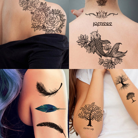 Supperb 4 Sheets Temporary Tattoos Nature Spirit Set - Rose Lotus Feathers Trees Koi Fish Tattoos