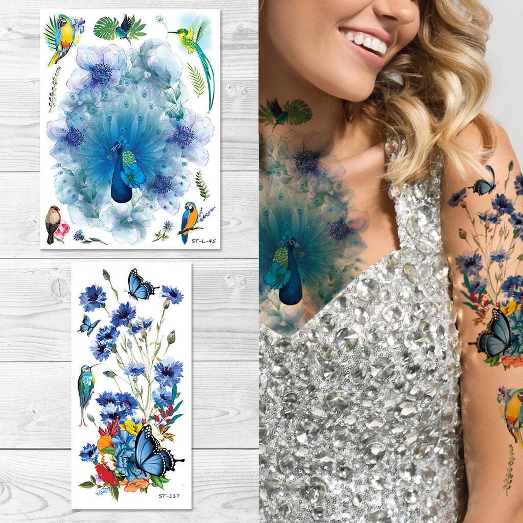 Supperb® Temporary Tattoos - Watercolor Dream of Peacock & Summer Flowers Tattoo Sleeve Large Tattoo Arm Tattoo