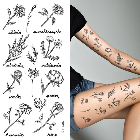 Supperb Temporary Tattoos - black rose flowers peony dahlia dandelion gladiolus chamomile (Set of 2)