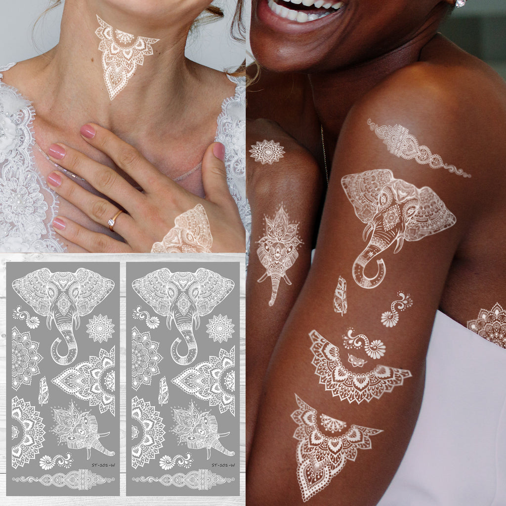 Supperb White Temporary Tattoos - Inspired Mandala Henna Healing Meditation Elephant Henna Tattoo