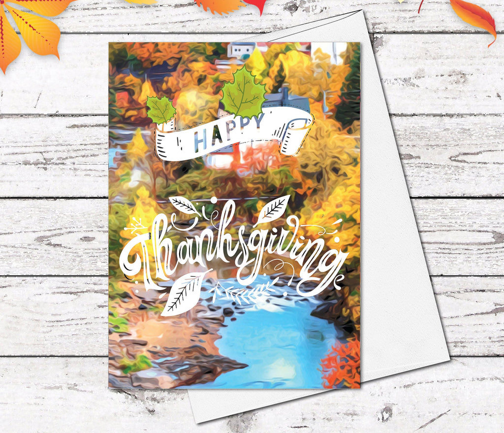 Happy Thanksgiving Card Autumn Forest Creek leaves Country Landscape Greeting Card Blank Watercolour Card Thanksgiving Greeting Cards