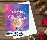 Starry Skies Watercolor Christmas Cards set of 4, Merry Christmas and Happy New Year Cards Holiday Greeting Card Pack Moon Cards