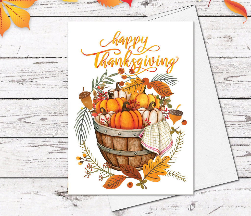 Supperb Thanksgiving Cards Set of 6 - Wooden barrel w/ pumpkins Autumn Leaves Thanksgiving Card Gift Handmade Greeting Card (Set of 6)