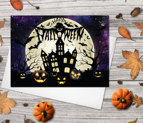 Happy Halloween Greeting Card Set of 4 - Starry Night Sky Scary Pumpkins Spooky Castle Bats Full Moon Cards Halloween card Halloween Gifts