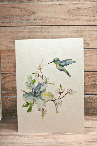 Watercolor Spring flowers & Hummingbird (Set of 2) - Valentines Day Wedding Love Anniversary Card /Thank you Card