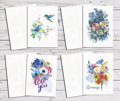 Supperb Greeting Cards - Watercolor Flowers Bouquet Floral Variety Pack  Valentines Day Wedding Anniversary Card /Thank you Card (Set of 4)