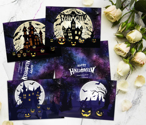 Happy Halloween Greeting Card Set 4 Pk Assorted 5"x7" Cards Starry Night Sky Spooky Castle Pumpkins Bats Full Moon Cards Handmade in Canada