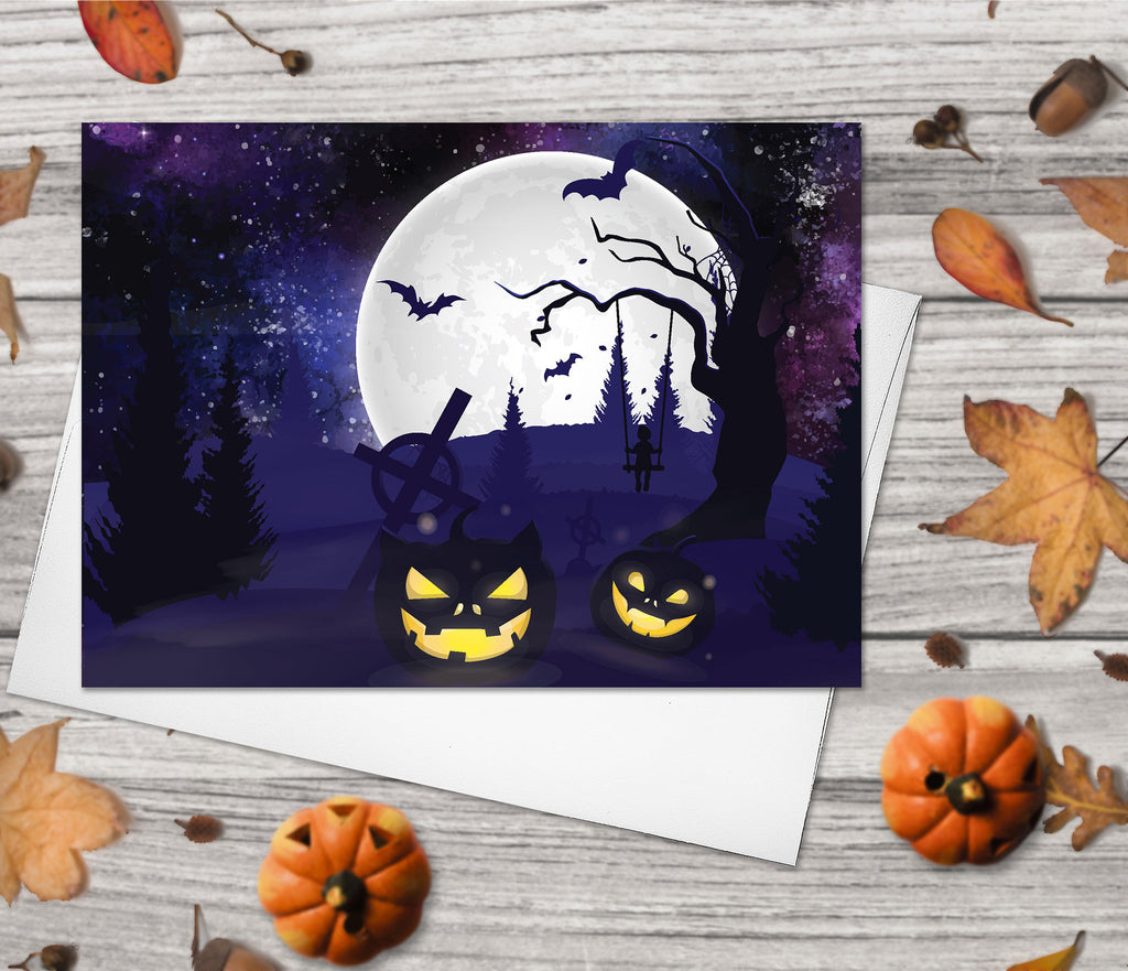 Happy Halloween Greeting Card Set of 4 - Starry Night Sky Spooky Trees Scary Pumpkins Bats Full Moon Cards Halloween card Halloween Gifts